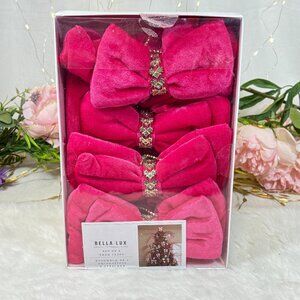 Bella Lux Christmas Tree Bow Clip Ornaments Hot Bright Pink Rhinestone Set Of 4